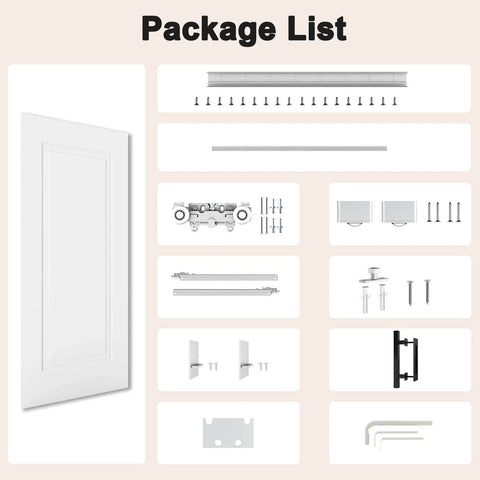 Package contents of Concealed Barn Door Kit 36x84 With Soft Close Hardware And Matte Black Pulls White Primed Solid Core Hidden Door