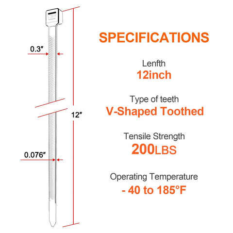 Diagram showing Tough As Nails 12 Inch V Shaped Toothed Double Sided Cable Ties With 200 Lbs Tensile Strength For Indoor Outdoor Use
