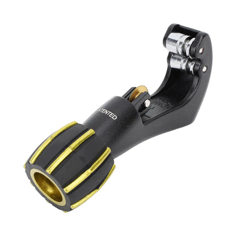 Pro Grade Tubing Cutter For 4 To 32mm Pipes Alloy Steel And Aluminum Body Cuts Copper Iron Galvanized And 2mm Stainless Steel Tubes Perfect For HVAC And Plumbing Tasks, black handle, gold accents.