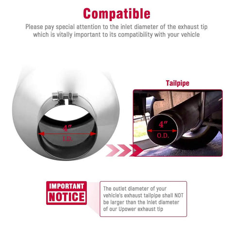 Universal Diesel Truck Exhaust Tip 4 Inch Inlet 6 Inch Outlet, 15 Inch Long Stainless Steel compatibility instructions