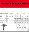 Product specification for Cobra 60kN Round Sling And Safety Lanyard With Wear Resistant Cover, showing compliance and material details.