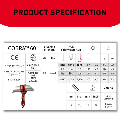 Product specification for Cobra 60kN Round Sling And Safety Lanyard With Wear Resistant Cover, showing compliance and material details.