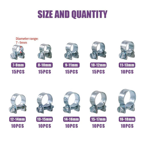 Zinc Plated Mini Hose Clamp Set 120 Pcs Assorted 10 Sizes For Automotive Agriculture Plant Construction And More