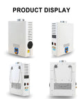 12V Diesel Tankless Water Heater For RV And Camper Vans, Portable Instant Hot Shower Setup displayed from multiple angles.