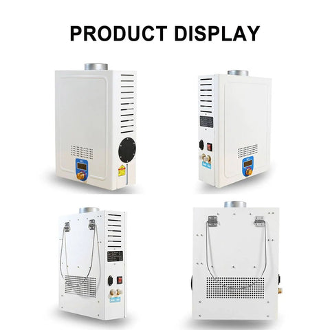 12V Diesel Tankless Water Heater For RV And Camper Vans, Portable Instant Hot Shower Setup displayed from multiple angles.