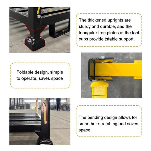Heavy Duty Steel Pallet Rack Built Rock Solid For Warehouses Stackable Industrial Storage Frame With Folding Guardrails showing robust support features.