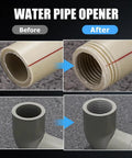 Before and after images showing the Hoehew Electric Pipe Threader Kit with Internal And External Cutting for one half inch and three quarter inch PVC pipes.