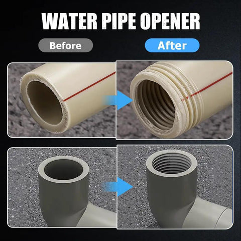 Before and after images showing the Hoehew Electric Pipe Threader Kit with Internal And External Cutting for one half inch and three quarter inch PVC pipes.