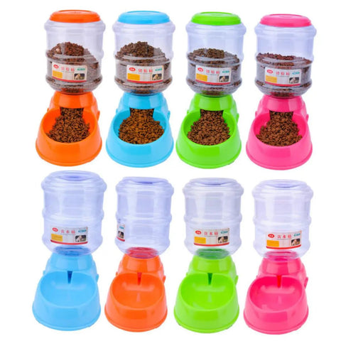 Straight Up Built Different Raised Automatic Pet Feeder For Dogs And Cats Featuring Heavy Duty Nonslip Base Easy Disassembly And Seriously Leak Proof Setup For Chill Meal Times in multiple colors, filled with pet food.