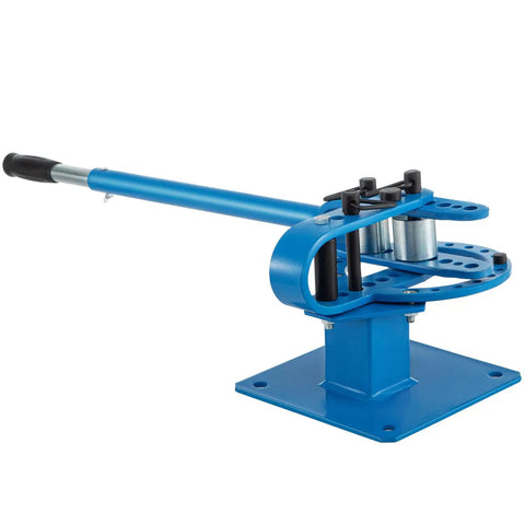 Beefy Manual Bender For 1 To 2 Inch Round And Square Metal Bars With 7 Bending Dies, blue hand crank rod bender tool.