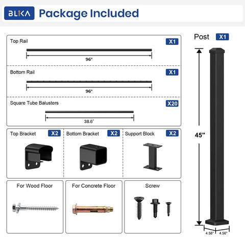 Heavy Duty Aluminum Deck Railing Kit With Adjustable Brackets For Stairs Or Flat Decks Comes Loaded With All Hardware components layout.