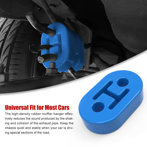 Beefed-Up EPDM Exhaust Hangers For Muffler Bushing Insulator, mounted on vehicle exhaust system, 73x47x21mm, 12mm holes, blue