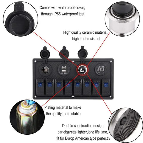 Diagram highlighting features of 8 Gang Marine Switch Panel For Cars Boats And RVs 12V 24V LED Switch Panel With Dual USB Ports Voltmeter And Cigarette Lighter