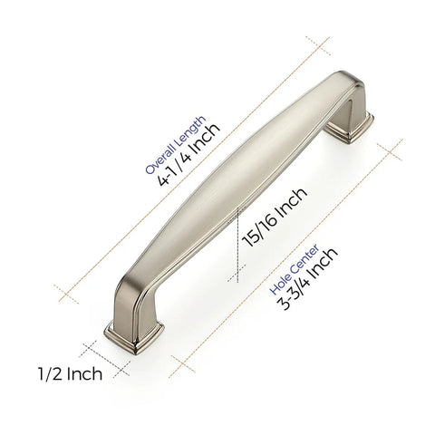 60 Pack Solid 3-3/4 Inch Cabinet Handles In Brushed Nickel Or Satin Nickel, 4-1/4 Inch Overall Length, detailed handle dimensions shown