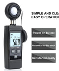 Handheld Lux Meter For Ambient Light Monitoring With MAX MIN Data Hold Digital Photometer Reads Up To 200000 Lux, front view