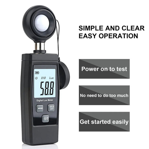 Handheld Lux Meter For Ambient Light Monitoring With MAX MIN Data Hold Digital Photometer Reads Up To 200000 Lux, front view