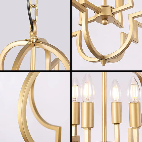 Detailed view of Golden Orb Chandelier Four Light Pendant Ceiling Fixture in candle style geometric design, modern glam gold finish.
