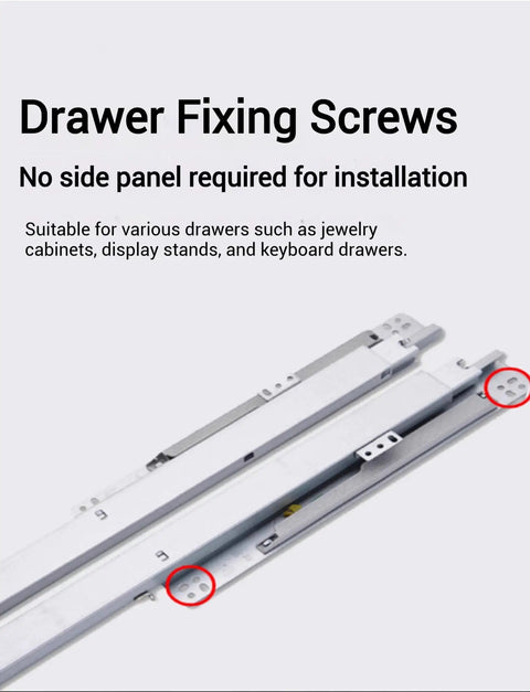 Soft Close Undermount Drawer Slides 8 To 30 Inch Full Extension With Lock, Heavy Duty 60Kg Capacity, Nearly Invisible Rails For Smooth Quiet Operation, Ideal For Cabinets And Pianos And Other Furniture Upgrades. drawer fixing screws close-up, silver metal undermount rails