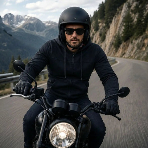Biker wearing Streetguard Riding Hoodie With Aramid Armor And CE Shoulder Elbow Protection, riding motorcycle on mountain road.