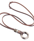 Top Shelf Handcrafted Leather Necklace For Men And Women Boasting A Fly Vintage Hippie Design With Adjustable Long Cord And Smooth Durable Alloy Cross Pendant In Classic Brown, featuring a leather strap and circle pendant.