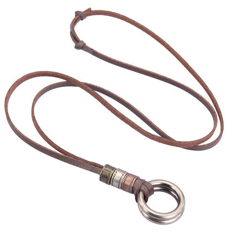 Top Shelf Handcrafted Leather Necklace For Men And Women Boasting A Fly Vintage Hippie Design With Adjustable Long Cord And Smooth Durable Alloy Cross Pendant In Classic Brown, featuring a leather strap and circle pendant.