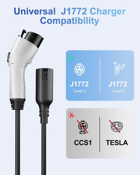 Heavy Duty J1772 Extension Cable 21 Feet Long EV Charger Cord showing universal J1772 charger compatibility for electric vehicles.