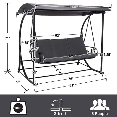 Modern Outdoor Patio Swing With Adjustable Canopy, 2 In 1 Porch Swing Bed With Removable Cushion, Outdoor Swing Bench With Stand, Three-Person Yard Swing, Easy Assembly, Gray