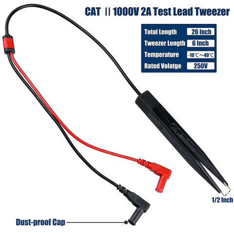 Pro Grade Test Lead Tweezer Set For Multimeter Two Pack 1000V 20A Probes with SMD tweezers, 26-inch length, dust-proof cap