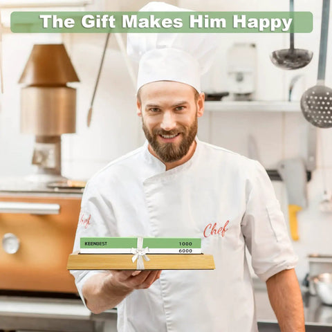 Chef holding Two Sided Whetstone Knife Sharpener With 1000 And 6000 Grit Wet Stone Kit for Kitchen Knives in a kitchen.