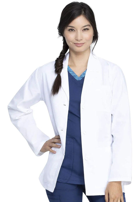 Woman wearing Women's 28 Inch Poplin Lab Coat With Notched Lapels And Button Front Built To Last All Day Comfort Workhorse Medical Coat
