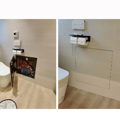 Heavy Duty Steel Flush Access Panel 24 By 47 Inch Invisible Pop Up Door For Drywall Ceiling Wall, opened to show plumbing.
