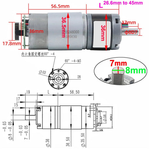 Super Sleek DC Geared Motor With Hall Encoder Runs On 12v Or 24v Power featuring dimensions and detailed design specifications.