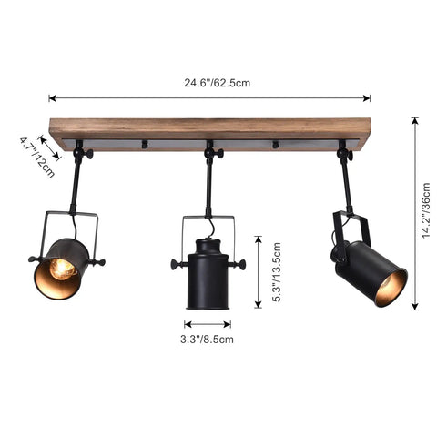 Three Light Farmhouse Track Lighting Fixture In Black Wood Finish With Industrial Adjustable Heads Ceiling Spotlight