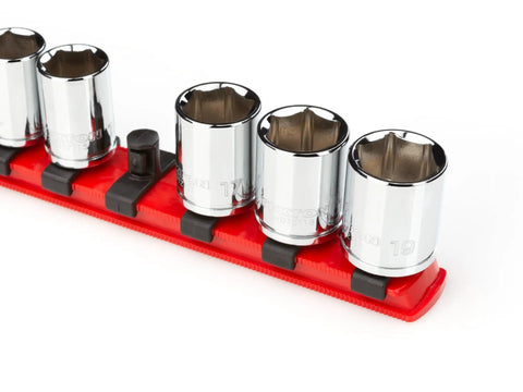 3/8 Inch Drive Socket Rail With 13 Inch Length And 15 Red Clips, Twist To Lock Sockets In Place Or Lock Them In, Lock Into Tray With Keyhole Latch