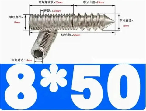 Heavy Duty Double Ended Stainless Steel Screws With Hex Socket Dual Threads Self Tapping Fasteners For Wood Furniture Assembly Quick Build Hardware Kit Of Two Hundred Pieces M10 X One Twenty with dimensions displayed on image.