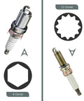 Image comparing 6 corner and 12 corner designs for Heavy Duty Spark Plug Socket With 12 Point Spline Drive And Leaf Spring Clamp.