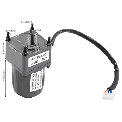AC gear motor with 1:25 gear head, gray metal housing, 15W 110V single-phase, wiring harness with white plug.