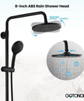 Thermostatic Shower Faucet System With Exposed Plumbing 8 Inch Round Shower Head Wall Mounted 8 Modes ABS Handheld Sprayer Tub Spout Matte Black Finish No Fuss Easy Install For A Modern Spa Like Shower Experience, 360-degree rotation feature.