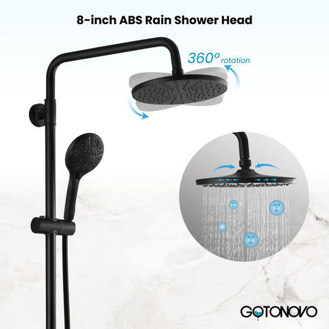 Thermostatic Shower Faucet System With Exposed Plumbing 8 Inch Round Shower Head Wall Mounted 8 Modes ABS Handheld Sprayer Tub Spout Matte Black Finish No Fuss Easy Install For A Modern Spa Like Shower Experience, 360-degree rotation feature.