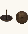 Heavy Duty Antique Brass Upholstery Tacks For Diy Furniture Repair Leather Crafting Auto Interiors Includes Thirty Solid Metal Clavos With Round Heads That Grip Tight Without Splitting Wood For A Sick Makeover Fix - Close-up of round crowned upholstery tack with sharp tip.