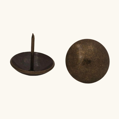 Heavy Duty Antique Brass Upholstery Tacks For Diy Furniture Repair Leather Crafting Auto Interiors Includes Thirty Solid Metal Clavos With Round Heads That Grip Tight Without Splitting Wood For A Sick Makeover Fix - Close-up of round crowned upholstery tack with sharp tip.