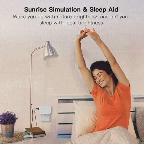 Dimmable Smart Plug 2 Pack With Sunrise And Sunset Simulation in bedroom, showing woman stretching near bedside lamp.
