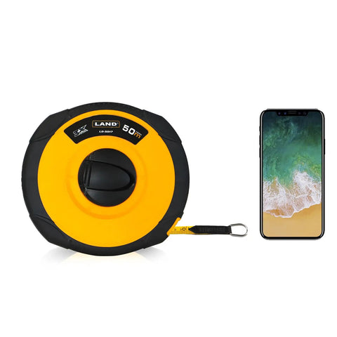 165 Feet Fiberglass Tape Measure With Dual Inch And Metric Scale next to smartphone for size comparison