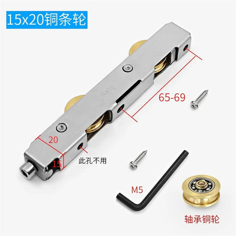 Slick Stainless Steel Sliding Door Rollers And Window Pulleys For Shower Doors Glass Panels Aluminum Tracks, size 15x20, includes screws.