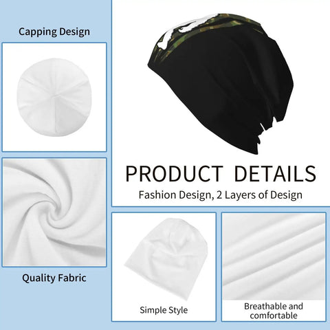 Cozy Camo American Flag Bigfoot Sasquatch Beanie Hat with product details and fabric design