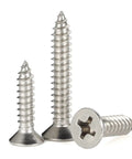 Top Shelf 304 Stainless Steel Number 12 X 1-1/2 Flat Head Sheet Metal And Wood Screws, 50 Pack self tapping screws displayed in various sizes.
