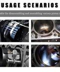 Collage showing 3 Inch Piston Ring Compressor Tool with ratcheting lock for automotive engine maintenance in use on car pistons.