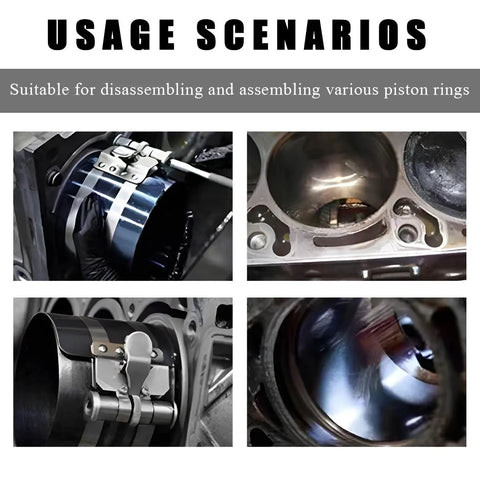 Collage showing 3 Inch Piston Ring Compressor Tool with ratcheting lock for automotive engine maintenance in use on car pistons.
