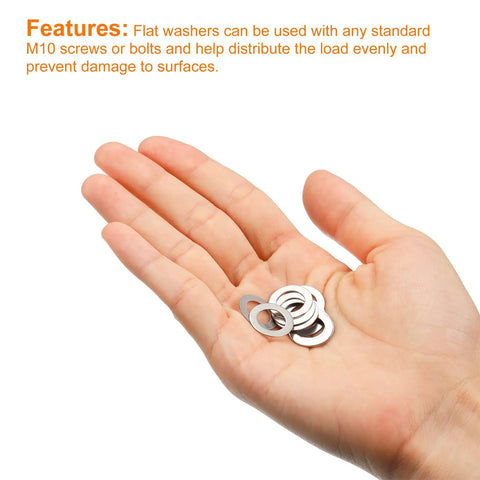 M10 Flat Washers 304 Stainless Steel 50 Pack Ultra Thin Heavy Duty Spacers 10X16X0.5Mm in hand for automotive and electronic use.