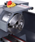 Close-up of Mini Metal Lathe Machine 1100W showing chuck and internal components, designed for precise milling and turning.
